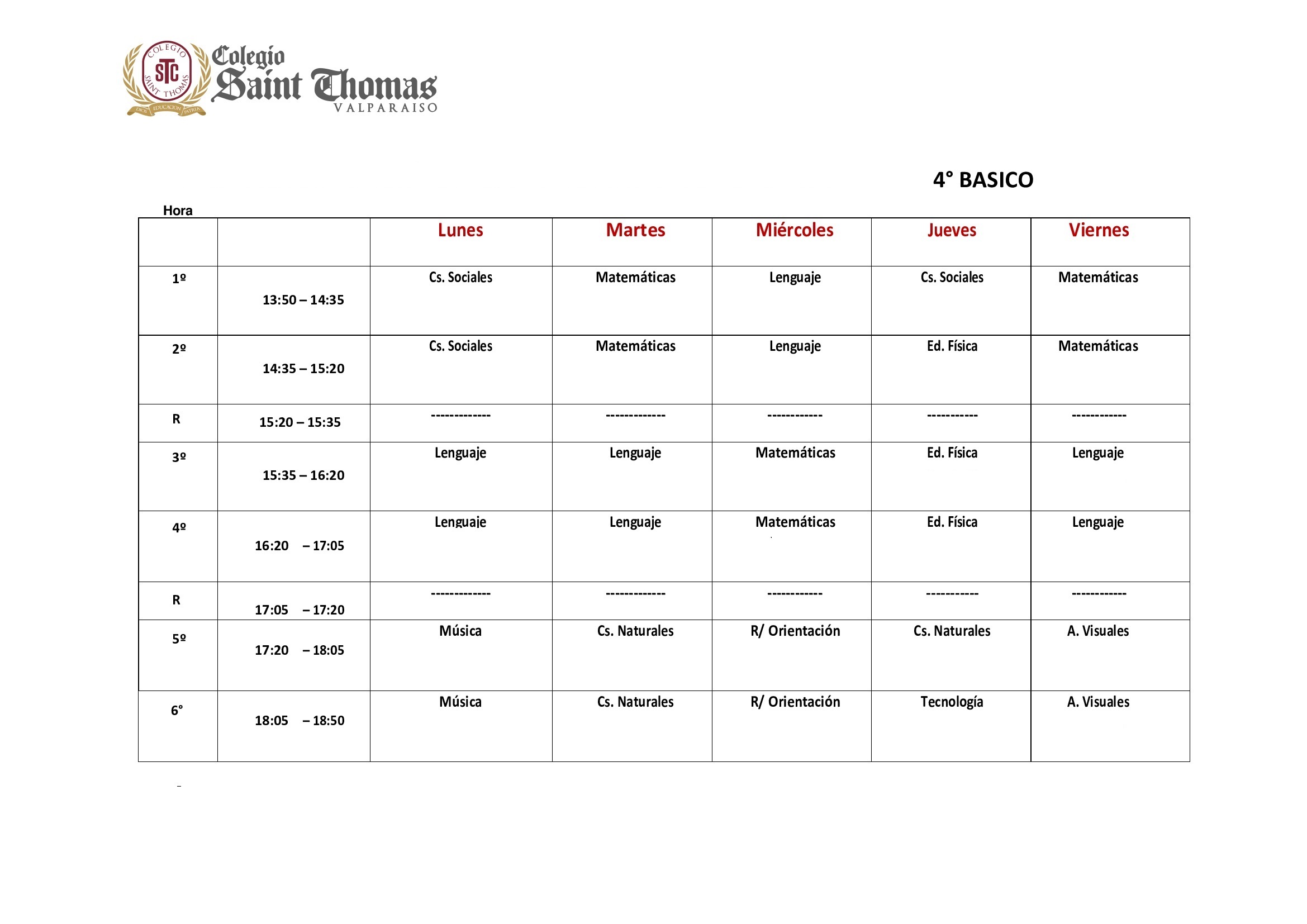 Horario 4° Básico