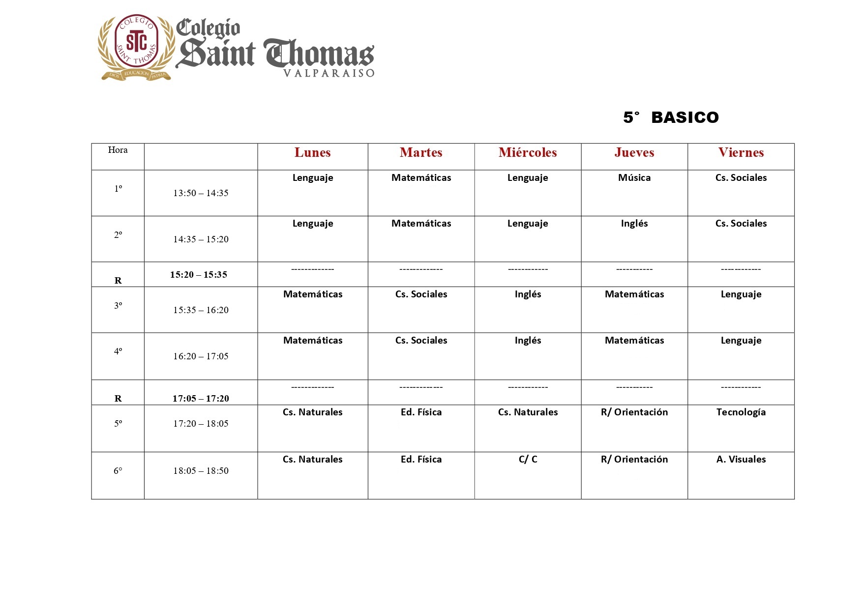 Horario 5° Básico