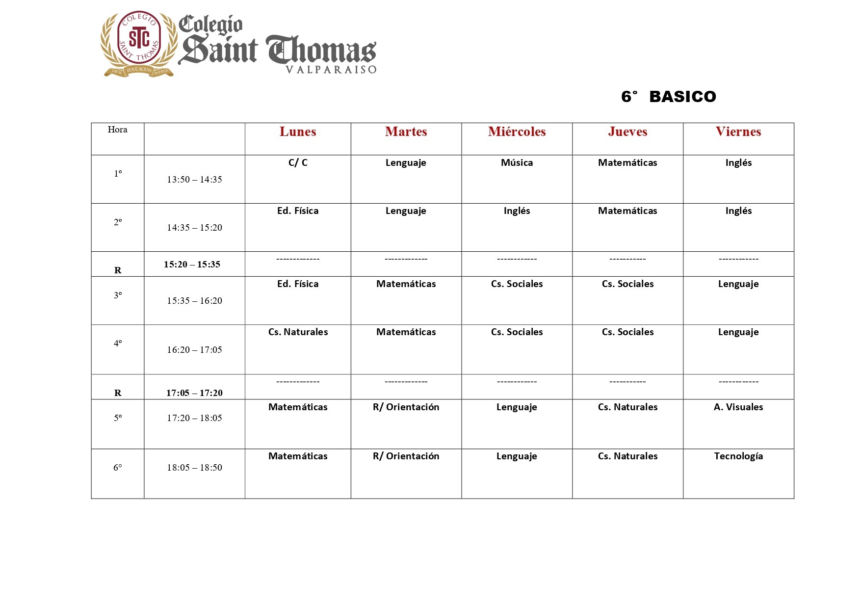 Horario 6° Básico