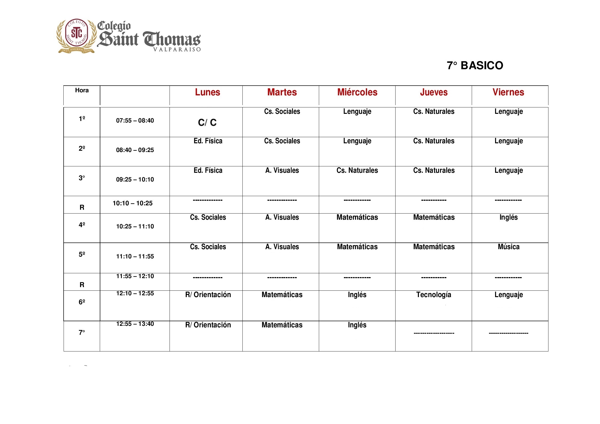 Horario 7° Básico